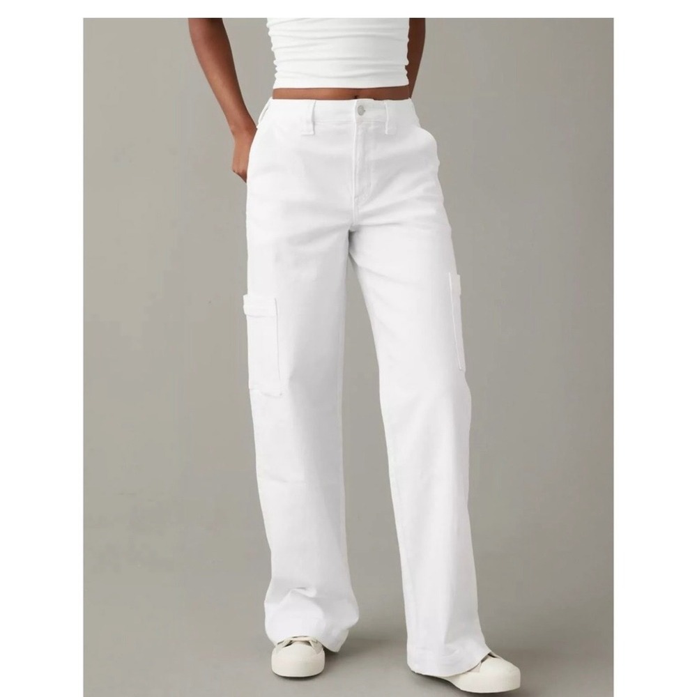 American Eagle Super High-Rise Baggy Wide Leg Cargo Jeans 0 White Utility